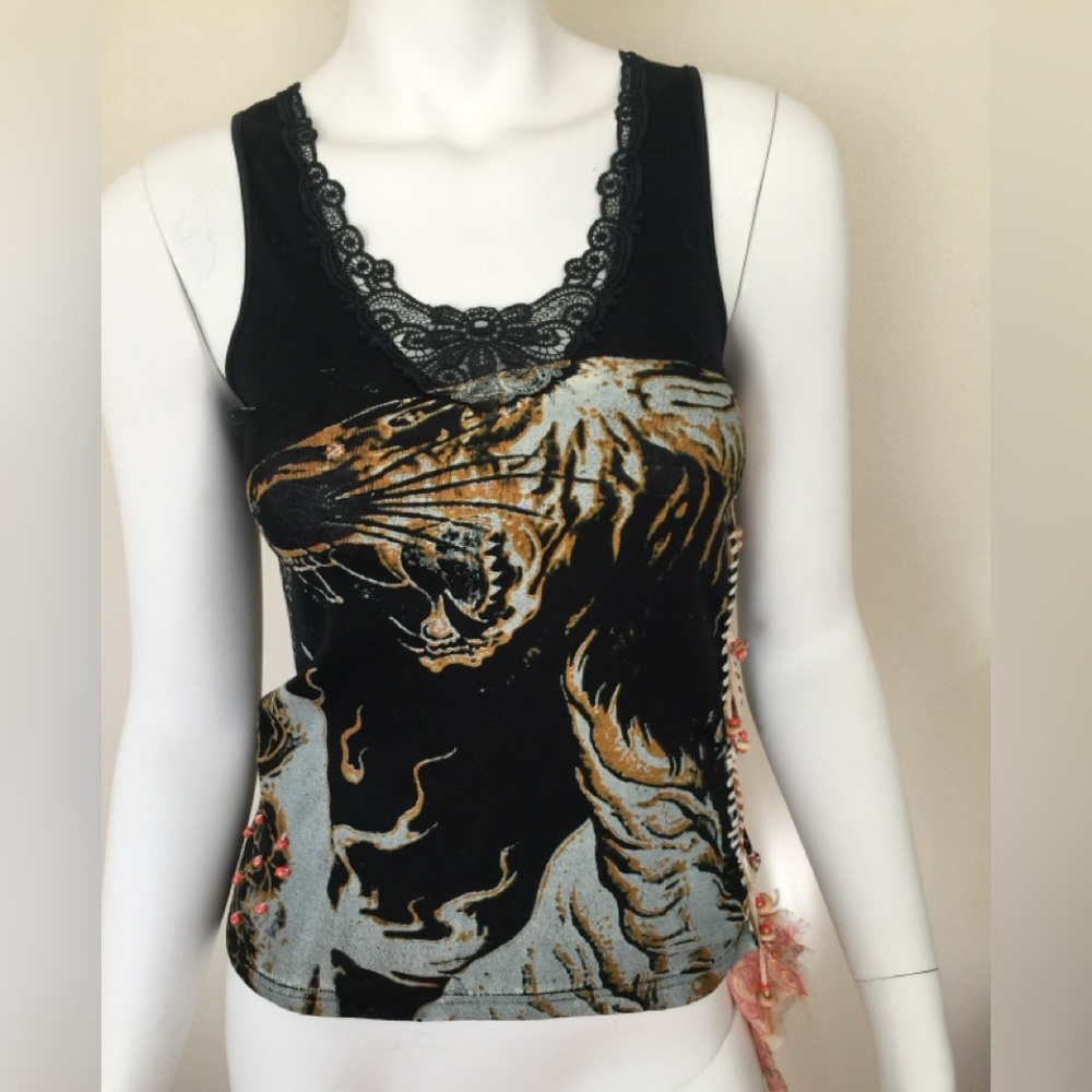 Handcrafted “We are Replay” black cotton tank w/lace neck & embellishments